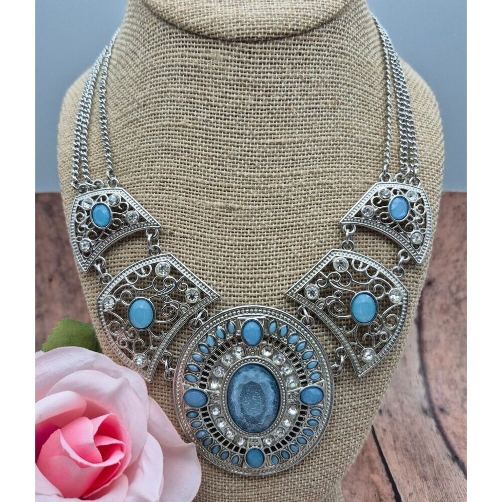 Silver Tone & Ice Blue Fashion Statement Necklace Bib Collar Style 21" Adjusts